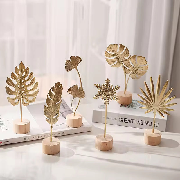 1pcs Golden Ginkgo Leaf Feather Metal Model Figurines Manual Desktop Crafts Ornaments
