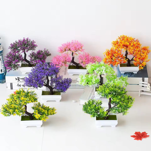 A set of artificial bonsai trees, plants, new homes, decorations