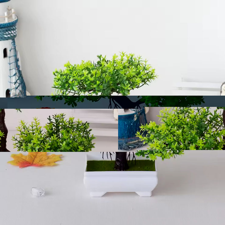 A set of artificial bonsai trees, plants, new homes, decorations